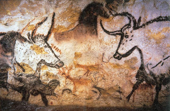 A painting of wild aurochs, the ancestor of cattle, on a cave wall in France, 20,000 years old.